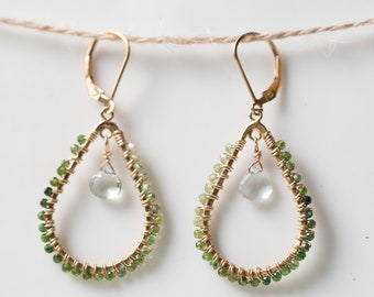 Green Tourmaline wrapped tear-drop earrings with Green amethyst drop