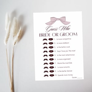 Guess Who Bride or Groom Bridal Shower Game, Modern Bridal Shower Game, Printable Hen Party Game, Elegant Bow Minimalist Bridal Shower PDF