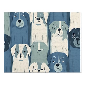 Può includere: Un'illustrazione colorata di un gruppo di cani in varie tonalità di blu e bianco. I cani guardano tutti lo spettatore con espressioni diverse.