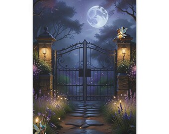 Stampa su tela "Cancello del giardino illuminato dalla luna" / Sentiero nella foresta incantata, arredamento Cottagecore