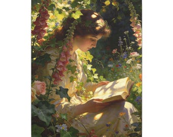 Woman Reading in Garden Canvas Wall Art | Cottagecore Book Lover Decor