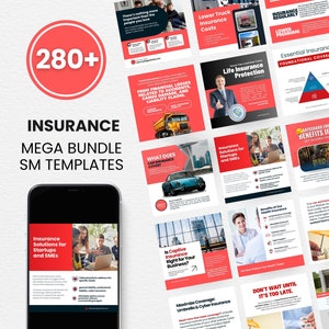 Op de afbeelding: Een collage van social media-sjablonen voor verzekeringsmaatschappijen. De sjablonen bevatten een verscheidenheid aan onderwerpen, waaronder levensverzekering, ziektekostenverzekering en verzekering voor commercieel onroerend goed. De sjablonen zijn ontworpen om visueel aantrekkelijk en informatief te zijn, met een rood-wit kleurenschema.