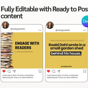 K&ouml;nnte beinhalten: Zwei Instagram-Post-Vorlagen mit gelbem Hintergrund. Der linke Beitrag zeigt einen Stapel B&uuml;cher und den Text "Engage with Readers on social media and book forums." Der rechte Beitrag zeigt den Text "Roald Dahl wrote in a small garden shed behind his house." Beide Beitr&auml;ge enthalten den Text "Lorem ipsum dolor sit amet, consectetur adipiscing elit. Fusce non diam eleifend."