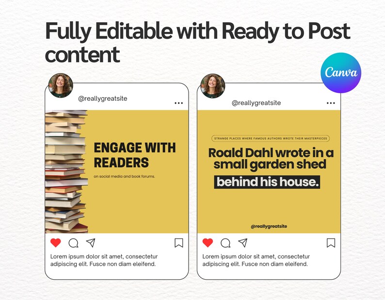 K&ouml;nnte beinhalten: Zwei Instagram-Post-Vorlagen mit gelbem Hintergrund. Der linke Beitrag zeigt einen Stapel B&uuml;cher und den Text "Engage with Readers on social media and book forums." Der rechte Beitrag zeigt den Text "Roald Dahl wrote in a small garden shed behind his house." Beide Beitr&auml;ge enthalten den Text "Lorem ipsum dolor sit amet, consectetur adipiscing elit. Fusce non diam eleifend."