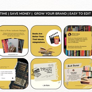 K&ouml;nnte beinhalten: Eine Collage aus neun gelben Quadraten mit Bildern und Texten rund um B&uuml;cher und Schreiben. Die Quadrate zeigen Bilder von B&uuml;cherregalen, Buchumschl&auml;gen und einer Filmklappe. Der Text enth&auml;lt Zitate &uuml;ber Lesen und Schreiben sowie Tipps zum Schreiben von Dialogen.