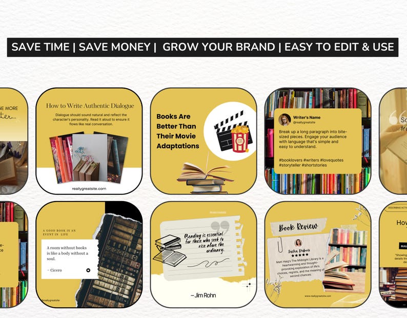 K&ouml;nnte beinhalten: Eine Collage aus neun gelben Quadraten mit Bildern und Texten rund um B&uuml;cher und Schreiben. Die Quadrate zeigen Bilder von B&uuml;cherregalen, Buchumschl&auml;gen und einer Filmklappe. Der Text enth&auml;lt Zitate &uuml;ber Lesen und Schreiben sowie Tipps zum Schreiben von Dialogen.