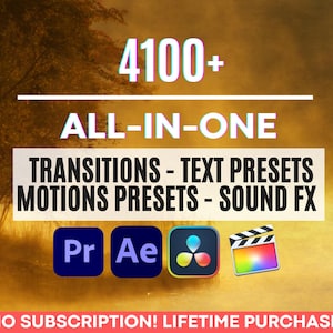 May include: A digital graphic with a yellow, orange, and brown background. The text "4100+ ALL-IN-ONE TRANSITIONS - TEXT PRESETS MOTIONS PRESETS - SOUND FX" is in white with a black outline. The logos for Premiere Pro, After Effects, and DaVinci Resolve are shown in the center of the image. The text "NO SUBSCRIPTION! LIFETIME PURCHASE" is at the bottom of the image.