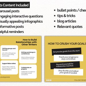K&ouml;nnte beinhalten: Eine gelbe und schwarze Grafik mit Tipps, wie man Beziehungen zu anderen Autoren aufbaut und wie man seine Ziele erreicht. Die Grafik enth&auml;lt Tipps wie das Beitreten zu Schreibgruppen, die Teilnahme an Workshops, die Zusammenarbeit an Projekten, das Setzen pr&auml;ziser Ziele, das Verfolgen des Fortschritts, das Belohnen f&uuml;r erreichte Meilensteine und das flexibel bleiben.