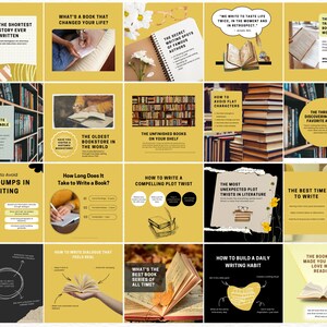 K&ouml;nnte beinhalten: Eine Collage aus 16 gelben und schwarzen Quadraten mit Text und Bildern zum Thema Schreiben und B&uuml;cher. Der Text enth&auml;lt Zitate, Tipps und Fragen zum Schreiben. Die Bilder zeigen B&uuml;cher, eine Schreibmaschine und eine schreibende Hand.