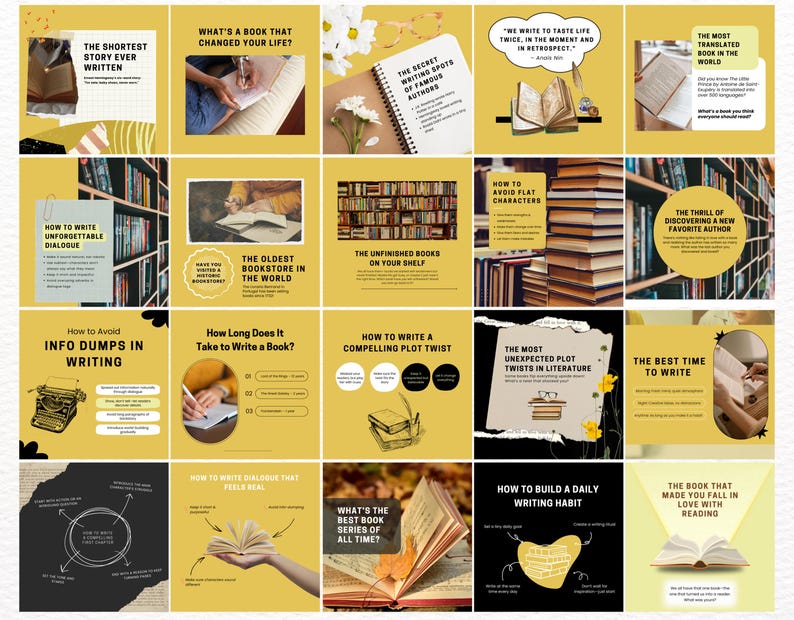K&ouml;nnte beinhalten: Eine Collage aus 16 gelben und schwarzen Quadraten mit Text und Bildern zum Thema Schreiben und B&uuml;cher. Der Text enth&auml;lt Zitate, Tipps und Fragen zum Schreiben. Die Bilder zeigen B&uuml;cher, eine Schreibmaschine und eine schreibende Hand.