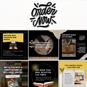 K&ouml;nnte beinhalten: Eine schwarz-wei&szlig;e Grafik mit dem Text "Order Now" in einer gro&szlig;en, stilisierten Schrift. Die Grafik ist in neun Quadrate unterteilt, jedes mit einem anderen Zitat &uuml;ber Schreiben und B&uuml;cher. Einige der Zitate beinhalten "Autoren, die neue W&ouml;rter erfunden haben", "Schreiben Sie chronologisch oder springen Sie herum?", "Wie viele B&uuml;cher besitzen Sie?", "Mythos: Sie brauchen einen schicken Abschluss, um ein gro&szlig;artiger Schriftsteller zu sein.", "Das Buch, das 144 Mal abgelehnt wurde", und "Der l&auml;ngste Roman, der jemals geschrieben wurde".