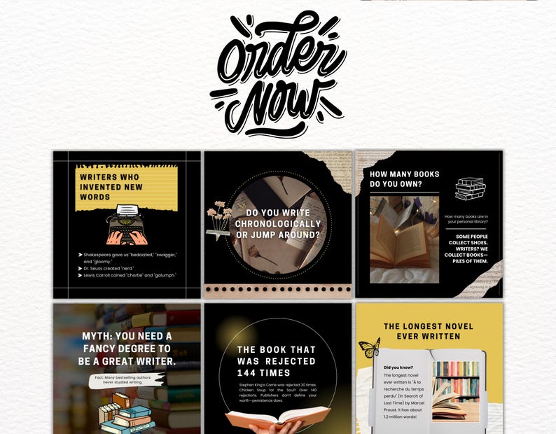 K&ouml;nnte beinhalten: Eine schwarz-wei&szlig;e Grafik mit dem Text "Order Now" in einer gro&szlig;en, stilisierten Schrift. Die Grafik ist in neun Quadrate unterteilt, jedes mit einem anderen Zitat &uuml;ber Schreiben und B&uuml;cher. Einige der Zitate beinhalten "Autoren, die neue W&ouml;rter erfunden haben", "Schreiben Sie chronologisch oder springen Sie herum?", "Wie viele B&uuml;cher besitzen Sie?", "Mythos: Sie brauchen einen schicken Abschluss, um ein gro&szlig;artiger Schriftsteller zu sein.", "Das Buch, das 144 Mal abgelehnt wurde", und "Der l&auml;ngste Roman, der jemals geschrieben wurde".