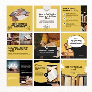 K&ouml;nnte beinhalten: Eine Collage aus neun gelben und schwarzen Instagram-Story-Grafiken mit Tipps f&uuml;r Autoren. Die Grafiken zeigen Text, Illustrationen und Fotos von B&uuml;chern.