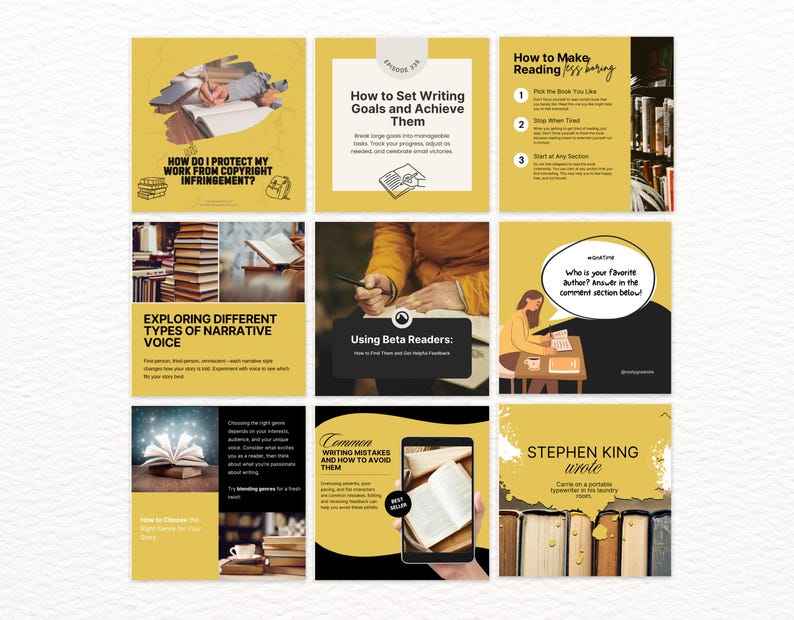 K&ouml;nnte beinhalten: Eine Collage aus neun gelben und schwarzen Instagram-Story-Grafiken mit Tipps f&uuml;r Autoren. Die Grafiken zeigen Text, Illustrationen und Fotos von B&uuml;chern.