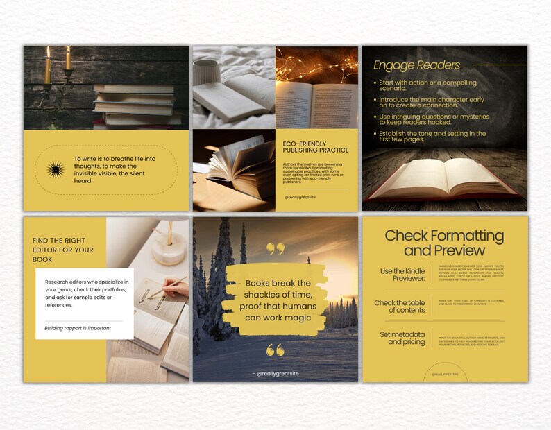 K&ouml;nnte beinhalten: Eine Collage aus Bildern mit Tipps zum Schreiben und Ver&ouml;ffentlichen eines Buches. Die Bilder zeigen B&uuml;cher, Kerzen, eine Schreibmaschine und einen Sonnenuntergang. Der Text enth&auml;lt Tipps zur Suche nach einem Lektor, zur Gewinnung von Lesern und zur &Uuml;berpr&uuml;fung der Formatierung.