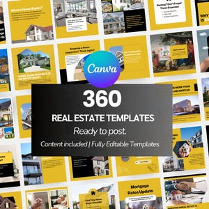 Pode incluir: Uma colagem de 360 modelos de mídia social para imóveis com fundos amarelos e pretos. Os modelos apresentam imagens de casas, texto sobre compra e venda de casas e o logotipo da Canva. O texto "360 Modelos de Imóveis" e "Pronto para postar" é exibido no centro da imagem.