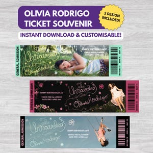 Puede incluir: Tres plantillas de entradas de recuerdo rectangulares para un concierto de Olivia Rodrigo. Los diseños incluyen fotos de una persona, el texto The Unraveled Tour Olivia Rodrigo, y detalles como lugar, fecha y números de asiento. Incluye código de barras.
