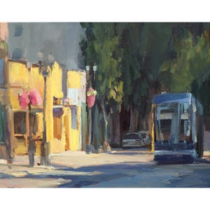 Oil painting on canvas, original impressionist art, medium size 16 x 20, Portland Morning, street scene