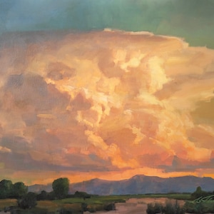 May include: A painting of a sunset over a field with a mountain range in the distance. The sky is a vibrant orange and yellow, with clouds that are a soft pink and white. The field is green and brown, with a river running through it.