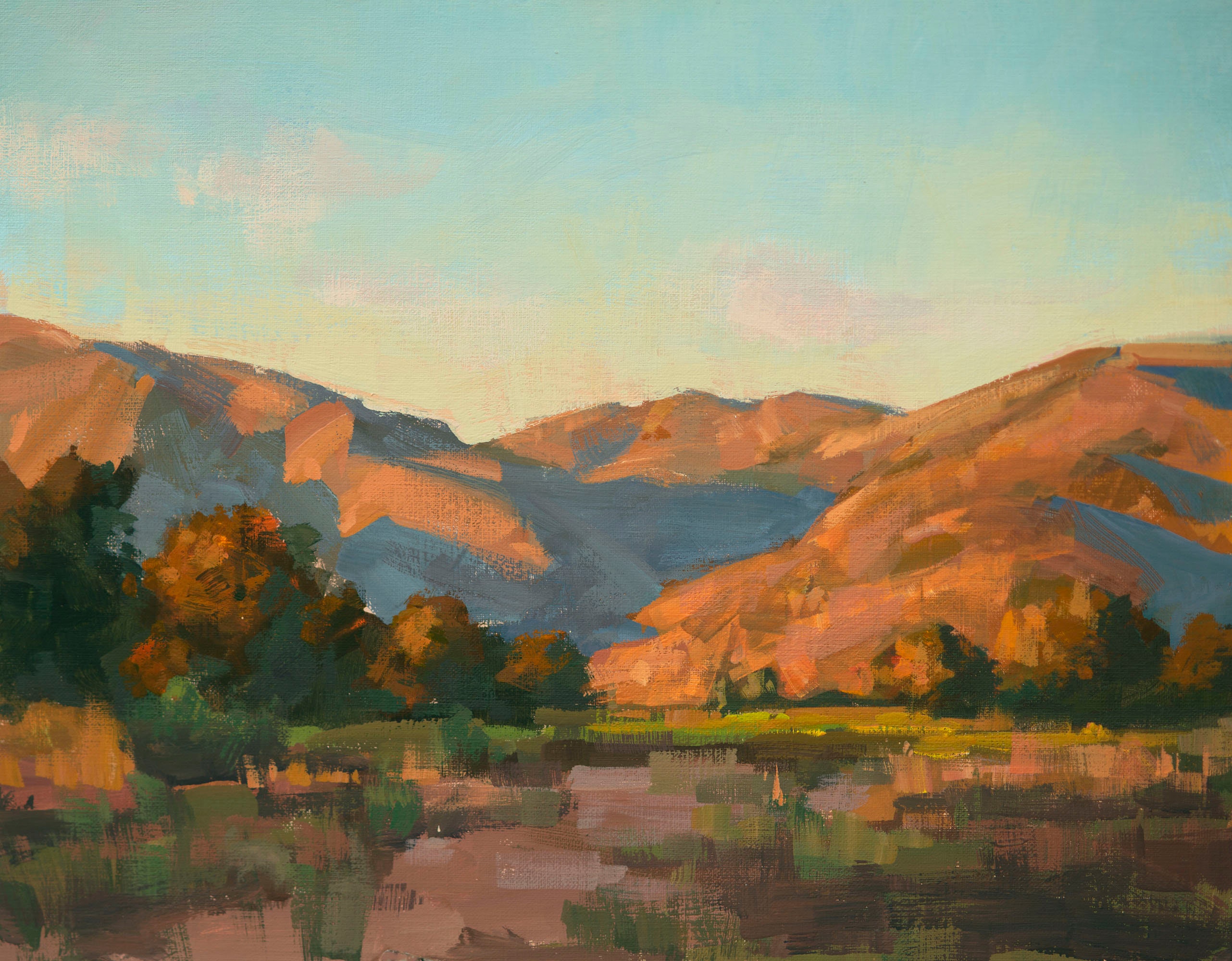 Art print of 12 x 16 gouache painting, impressionist California landscape, Los Padres Sundown.