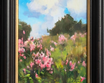 Original framed acrylic painting, 12 x 9, Summer Wildflowers, impressionist landscape