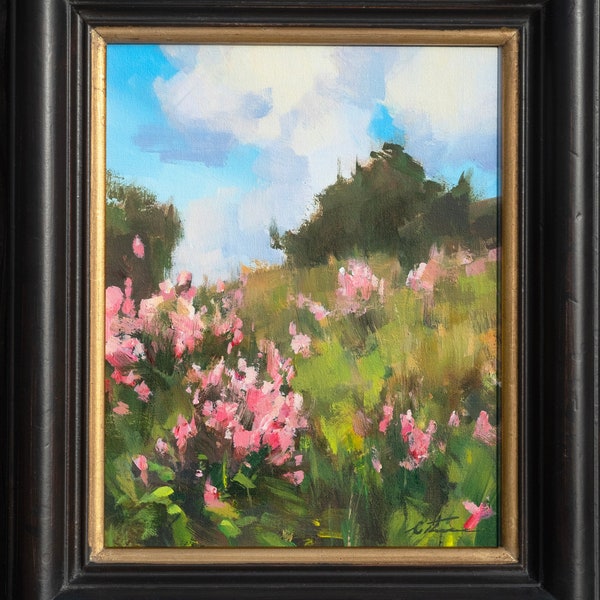 Original framed acrylic painting, 12 x 9, Summer Wildflowers, impressionist landscape