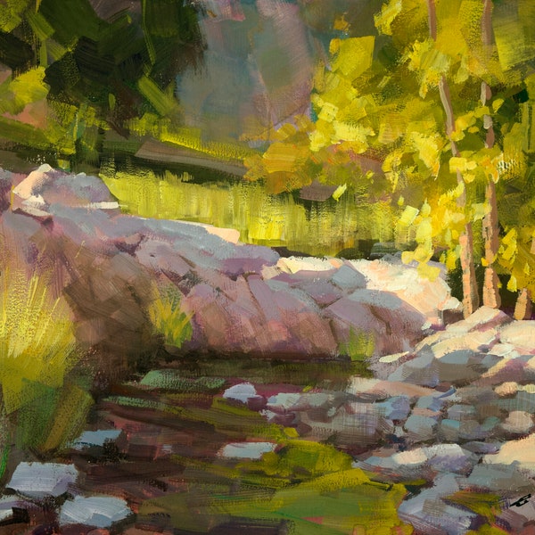 Art print of 9 x 12 gouache painting, Canyon Stream, impressionist landscape