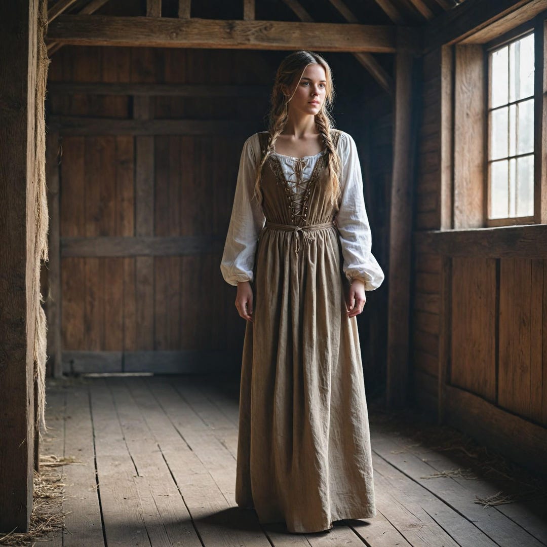 Brown Medieval Peasant Dress For Women Renaissance Cottagecore Gown 