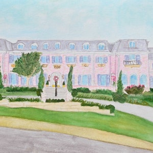 May include: A watercolor painting of a pink house with white trim and blue shutters. The house has a large front porch with a wreath on the door. There are trees and bushes in the front yard.