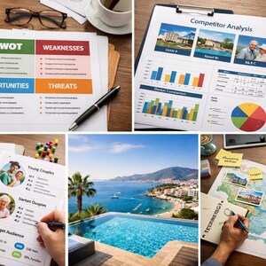 May include: A collage of images related to business and travel. Includes a SWOT analysis document, competitor analysis charts, target audience profiles, a scenic view of a pool and ocean, and a map with notes. A calculator, pen, and glasses are also visible.