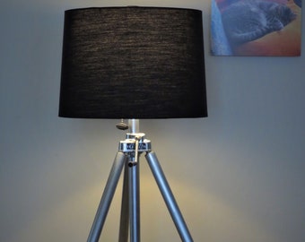 LuxTux tripod adjustable table or floor lamp, with black fabric hardback shade