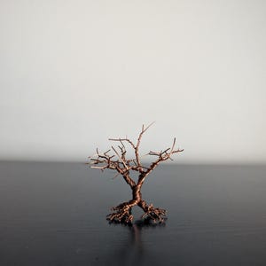 Op de afbeelding: Een handgemaakte koperdraad boomsculptuur. De miniatuurboom heeft een gedraaide stam, delicate takken en een gedetailleerd wortelstelsel. De sculptuur wordt getoond op een donkere ondergrond tegen een effen witte achtergrond.