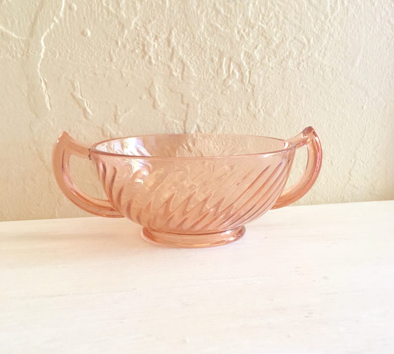 Pretty Pink Vintage Swirl Glass Bowl with Handles Depression Glass