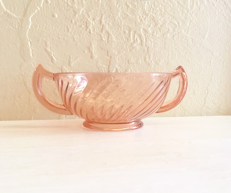 Pretty Pink Vintage Swirl Glass Bowl with Handles Depression Glass