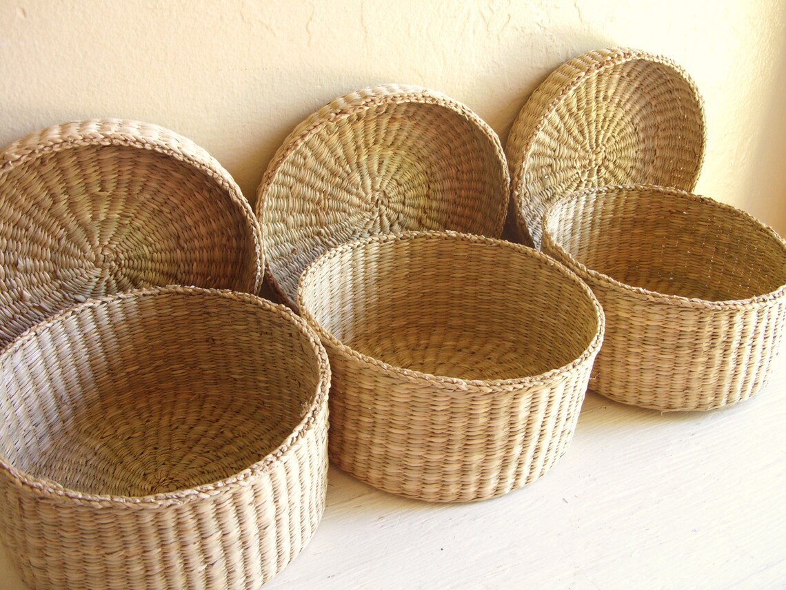 RESERVED Trio of Vintage Woven Baskets with Lids Round Storage Etsy