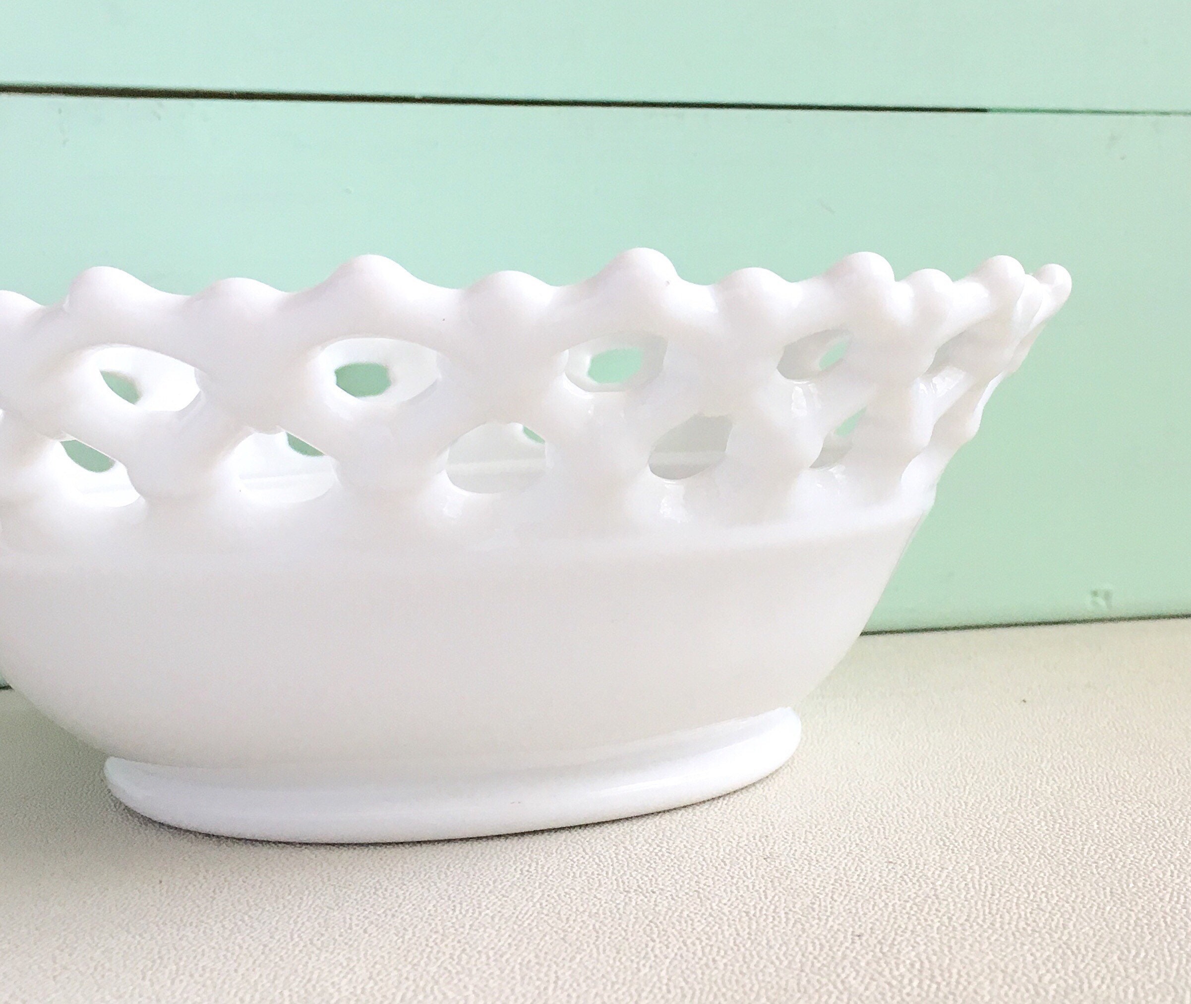 Stunning White Milk Glass Bowl Open Lace Edge Westmoreland Etsy