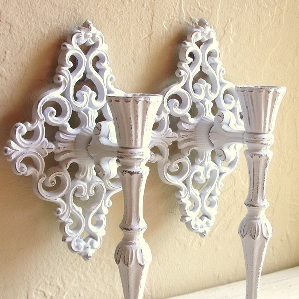 Pair of Shabby Chic White Wrought Iron Wall Sconces Candle Holders