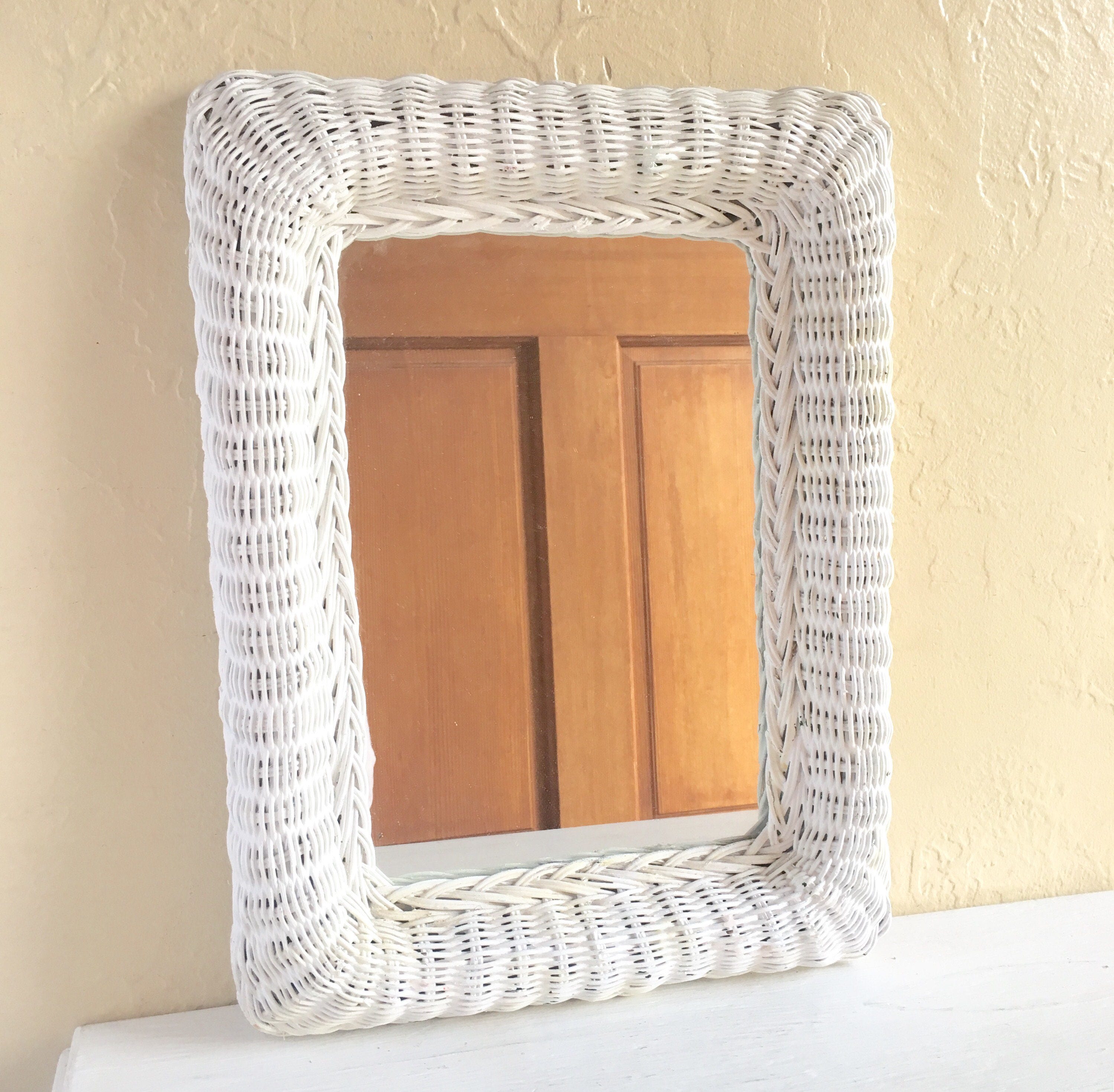 White Wicker Framed Mirror Wall Hanging Rectangle Frame Rectangular Can Hang Either Direction