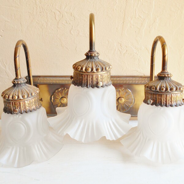 Bronze Metal Wall Light Fixture with Frosted Glass Globe Covers Ornate 3 Three