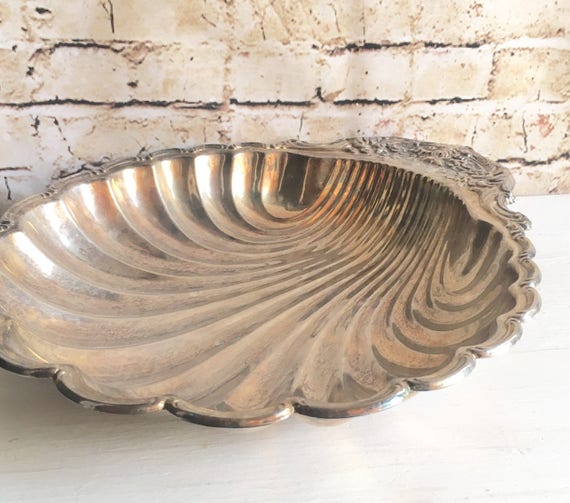 Large Vintage Silver Patina Sea Shell Dish Decorative Bowl Etsy