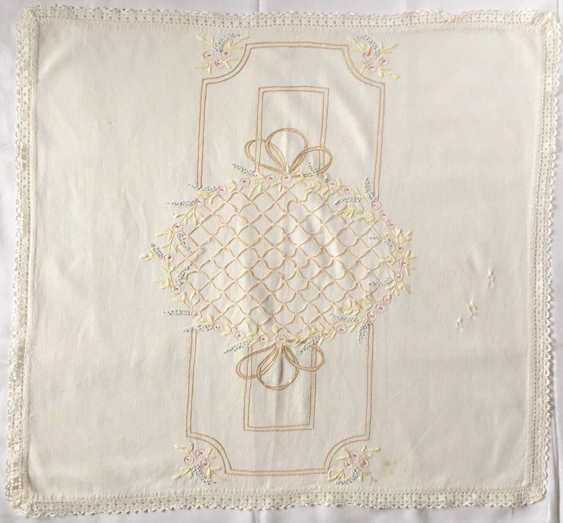 Vintage Small Square Tablecloth Natural Crochet Edge Hand Image 0