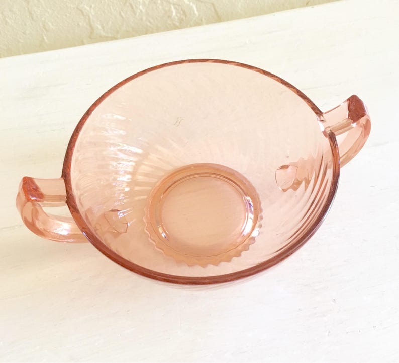 Pretty Pink Vintage Swirl Glass Bowl with Handles Depression Glass