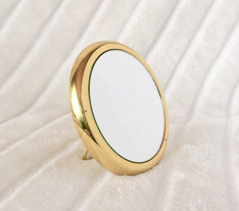 Vintage Gold Mirror Small Metal Hand Held Purse Round Simple Standing Folds Flat Mcm Mid Century