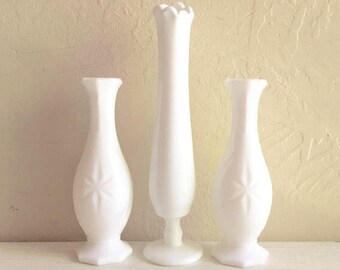 Trio of Milk Glass Vases - Unique Classic Design Pedestal Bases Cottage Style Decor