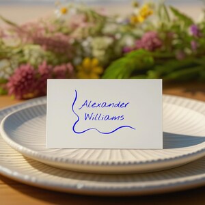 May include: A table setting with a white plate, a folded napkin, and a fork. A card with the name "Alexander Williams" in blue script sits on the plate. A bouquet of flowers is in the background. The text "SWANKY PAPER COMPANY" is at the bottom.