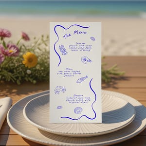 Coastal Beach Wedding Menu Template, Hand Drawn Blue Doodle Illustrations, Nautical Seafood Design, Minimalist Dinner Menu Card / BEACH