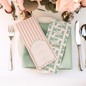 Modello di menu per matrimonio in stile Art Nouveau, menu per cena vintage modificabile, ispirato a William Morris, decorazioni da tavolo a righe floreali verde salvia / NOUV