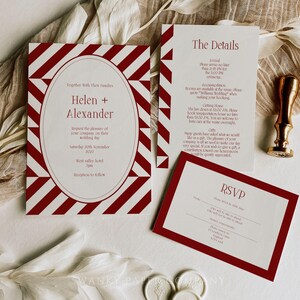 May include: Red and white striped wedding invitation with the names Helen and Alexander, the date September 20th, 2027, and the location West Valley Hotel. The invitation also includes details about the wedding, such as the time and dress code. The invitation is decorated with a red border and a white oval.