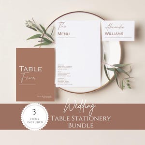 Mocha Mousse Wedding Table Stationery Set, On the Day Templates, Brown Minimalist Menu with QR Code, Table Number & Folded Place Card /MOCHA