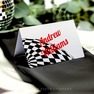 Disco ball Name Card Template, Tent Fold Place Setting, Checkered Glam Style, Bold Retro Red Typography, Printable Dinner Party Decor /MAGIC